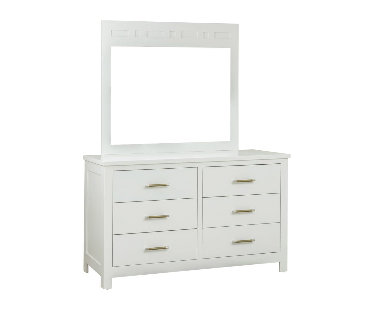 White six drawer dresser with slim gold bar pulls and a tall mirror with a slatted top panel