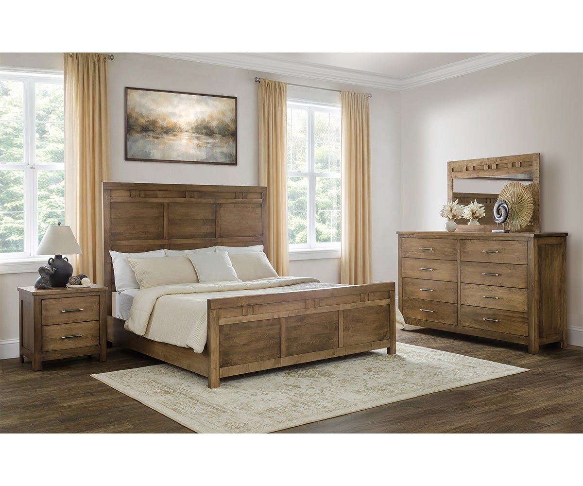 Rustic brown maple bedroom set with tall 66 inch panel headboard bed, two-drawer nightstand, dresser and mirror on dark wood floor