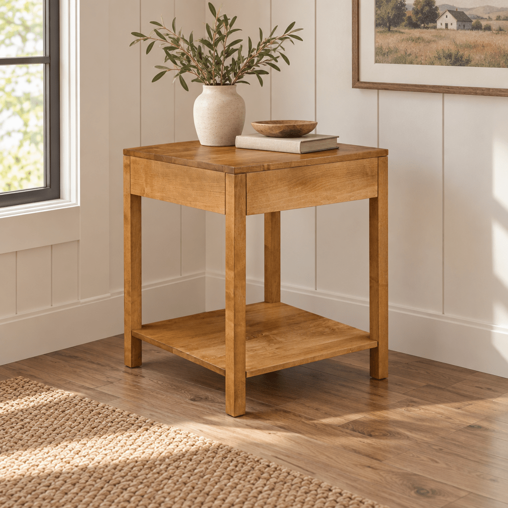 Amish Bushwick Corner Table shown in the dining room of a modern farmhouse home