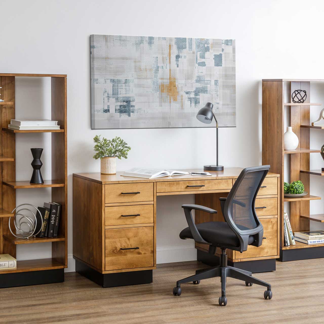 Amish Bushwick Modern Solid Wood Kneehole Desk with Hutch