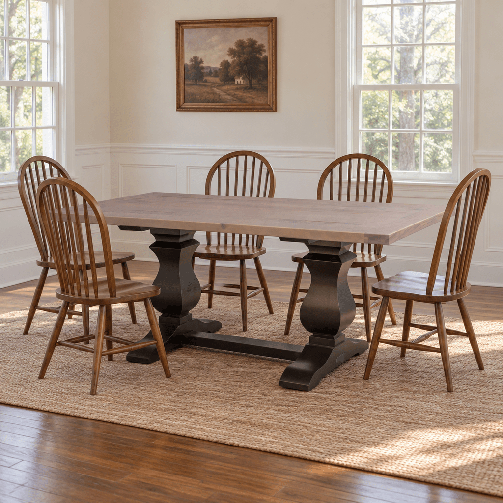 Amish Calistoga Dining Trestle Table shown in the dining room of a traditional colonial home