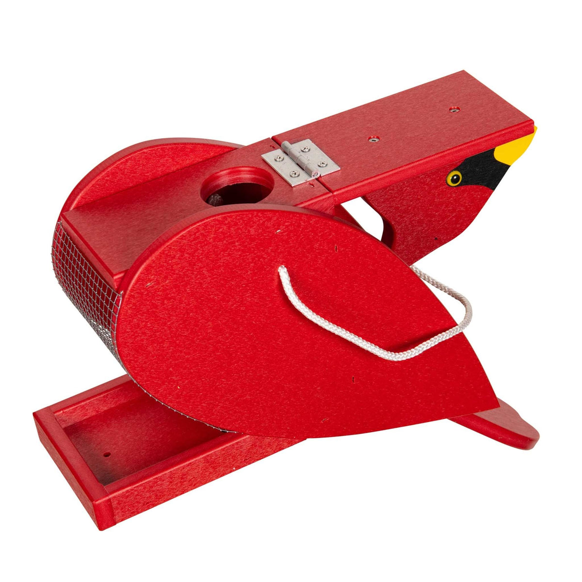 Angled view of the poly cardinal feeder showing hinged crest lid, fill hole and rope hanger