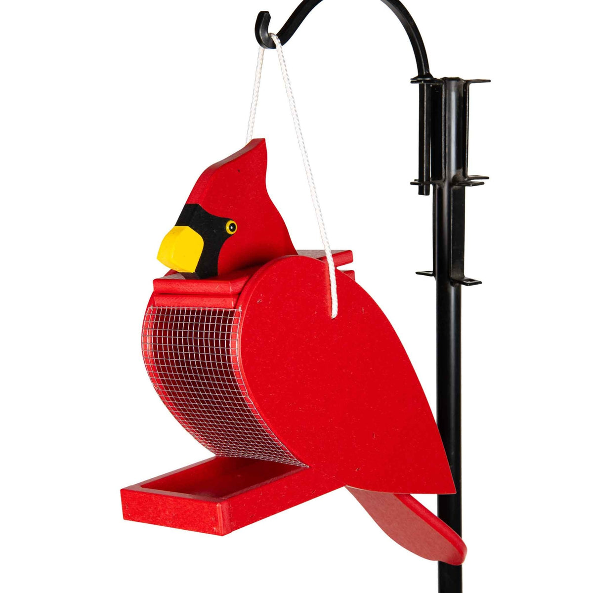 Red recycled poly cardinal feeder with yellow beak, mesh seed window and seed tray on a shepherd hook