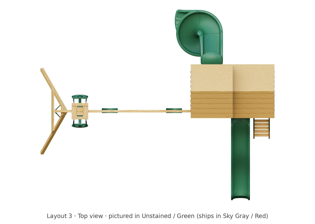 Amish Castle Wooden Swing Set & Playset Kit – Layout 3, top view (shown in Unstained with Green accents)