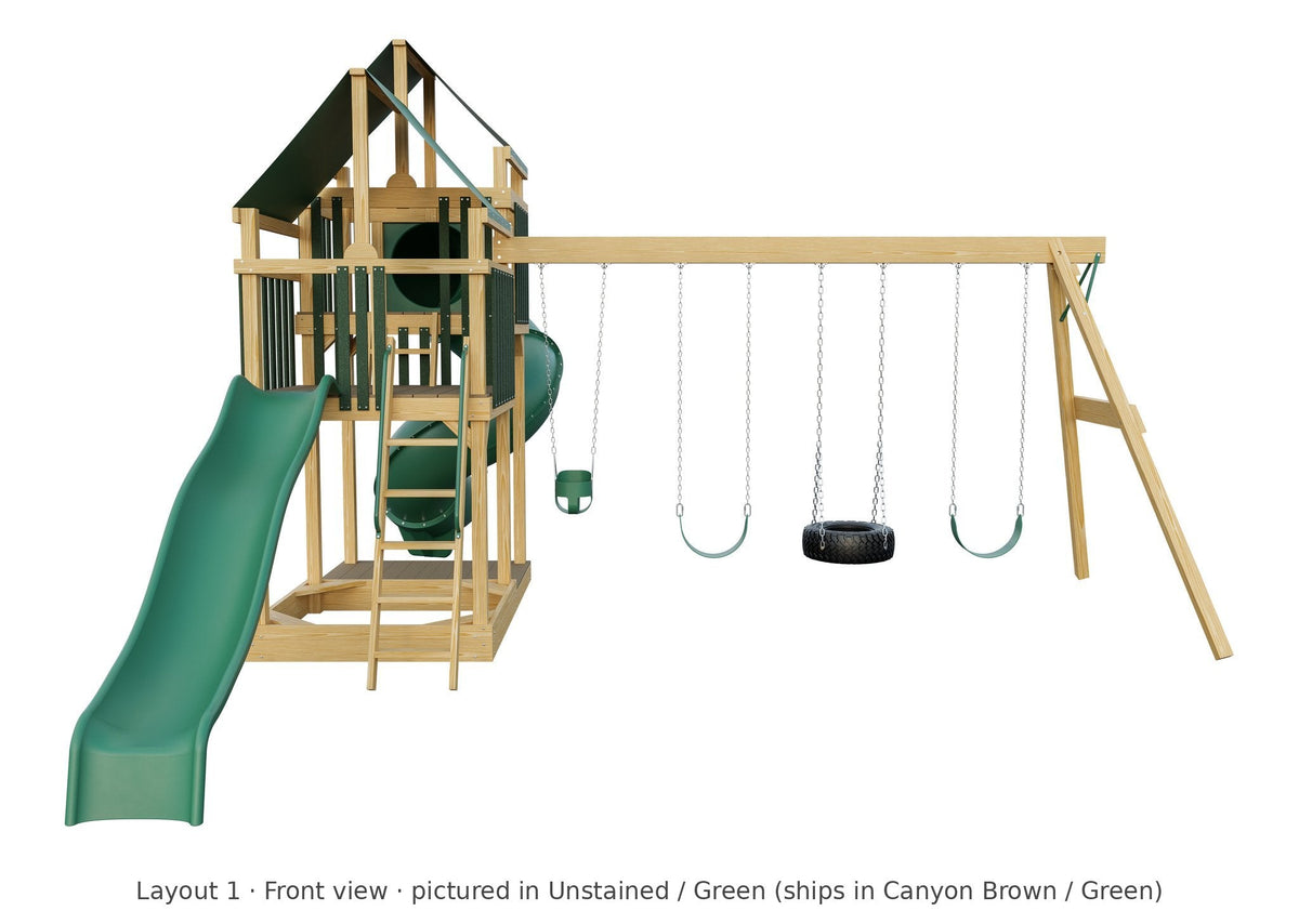 Amish Castle Wooden Swing Set & Playset Kit – Layout 1, front view (shown in Unstained with Green accents)