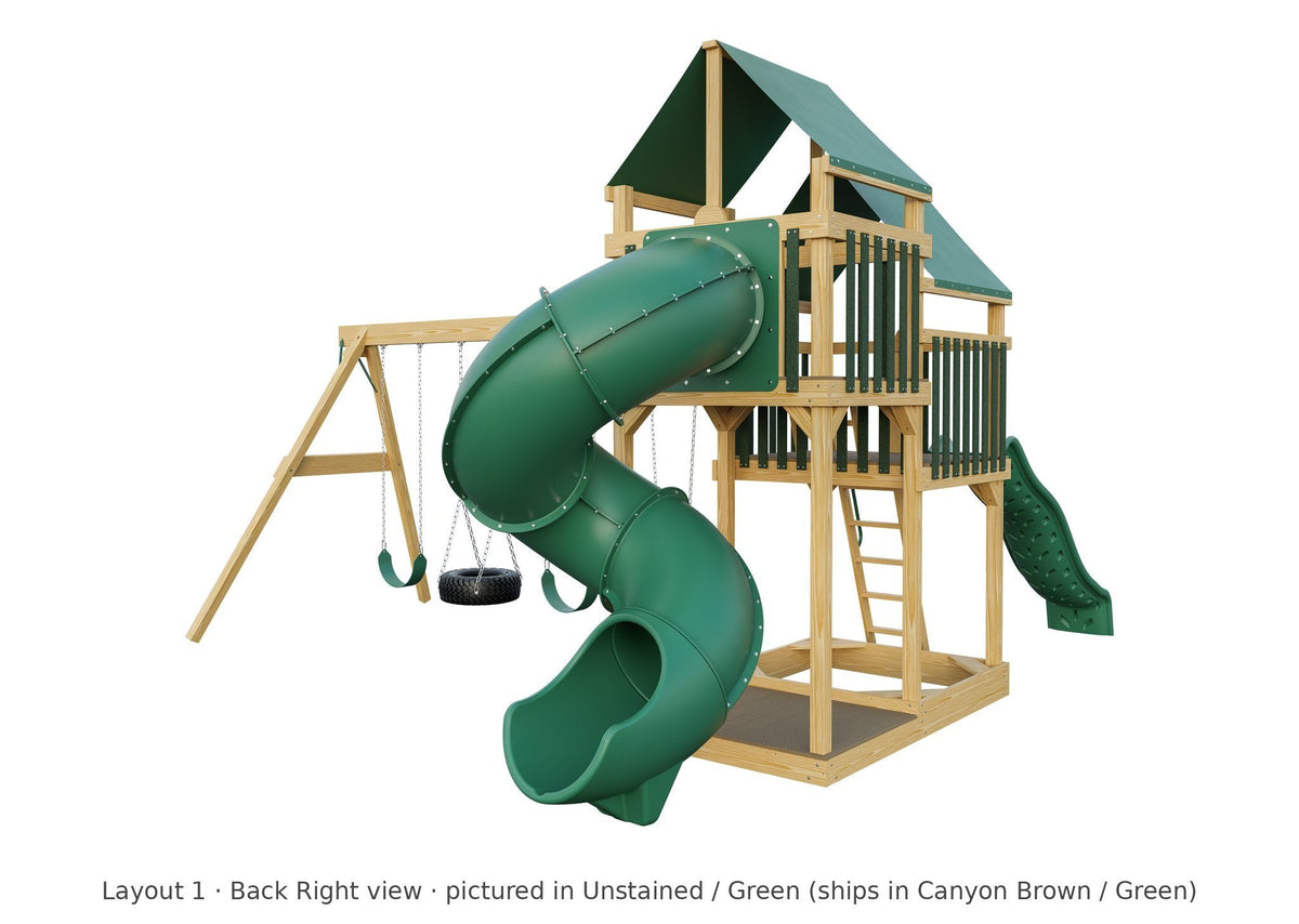 Amish Castle Wooden Swing Set & Playset Kit – Layout 1, back right view (shown in Unstained with Green accents)