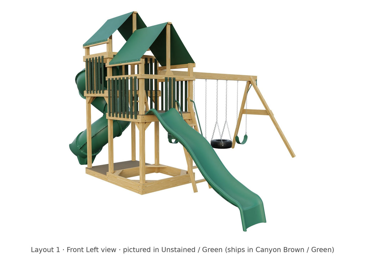 Amish Castle Wooden Swing Set & Playset Kit – Layout 1, front left view (shown in Unstained with Green accents)