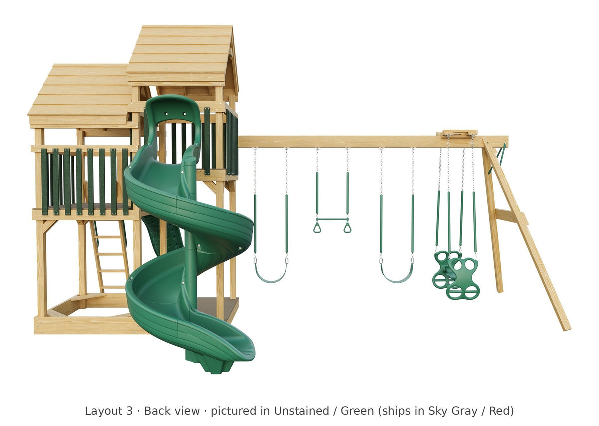 Amish Castle Wooden Swing Set & Playset Kit – Layout 3, back view (shown in Unstained with Green accents)
