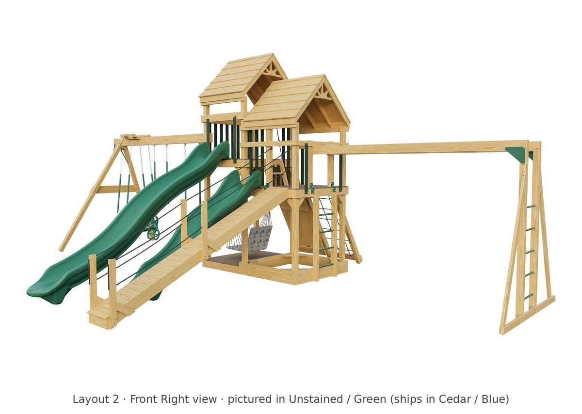 Amish Castle Wooden Swing Set & Playset Kit – Layout 2, front right view (shown in Unstained with Green accents)