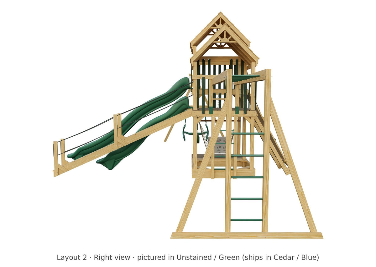 Amish Castle Wooden Swing Set & Playset Kit – Layout 2, right view (shown in Unstained with Green accents)