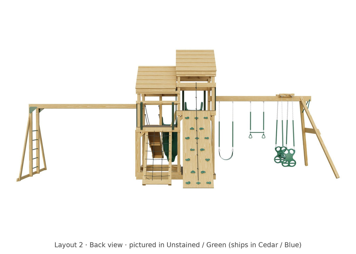 Amish Castle Wooden Swing Set & Playset Kit – Layout 2, back view (shown in Unstained with Green accents)