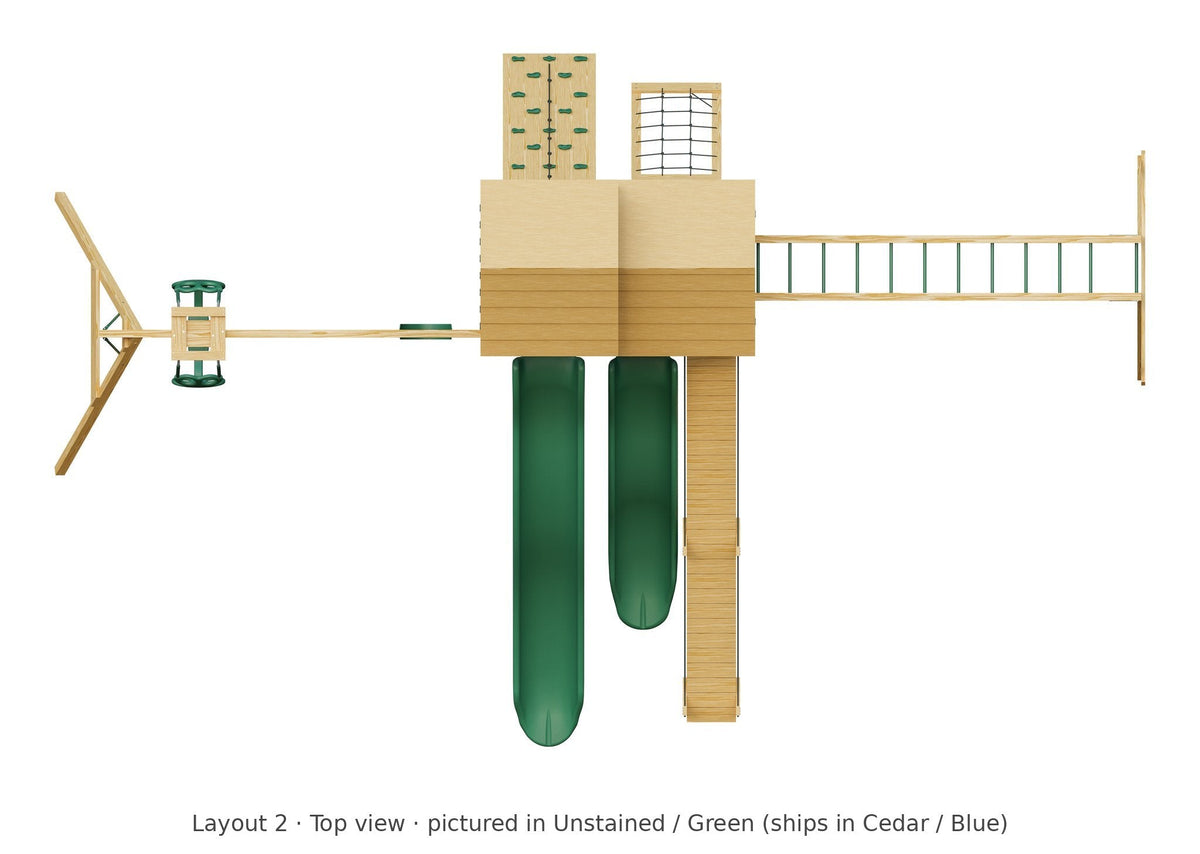Amish Castle Wooden Swing Set & Playset Kit – Layout 2, top view (shown in Unstained with Green accents)