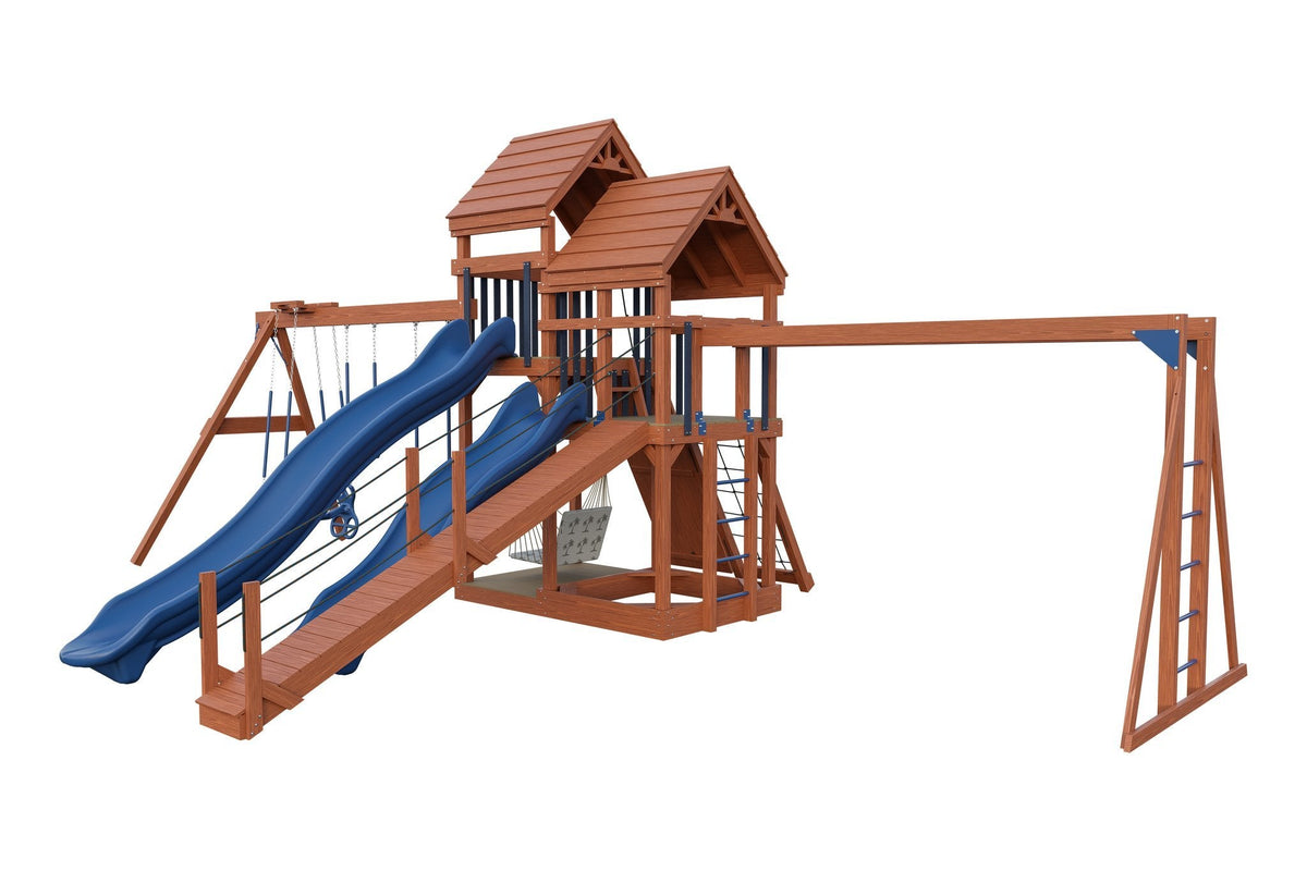 Amish Castle Wooden Swing Set & Playset Kit – Layout 2, Cedar with Blue accents