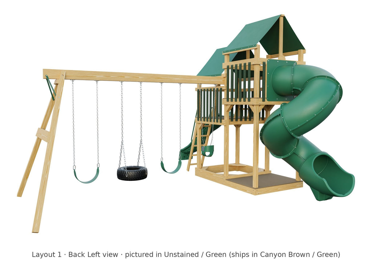 Amish Castle Wooden Swing Set & Playset Kit – Layout 1, back left view (shown in Unstained with Green accents)