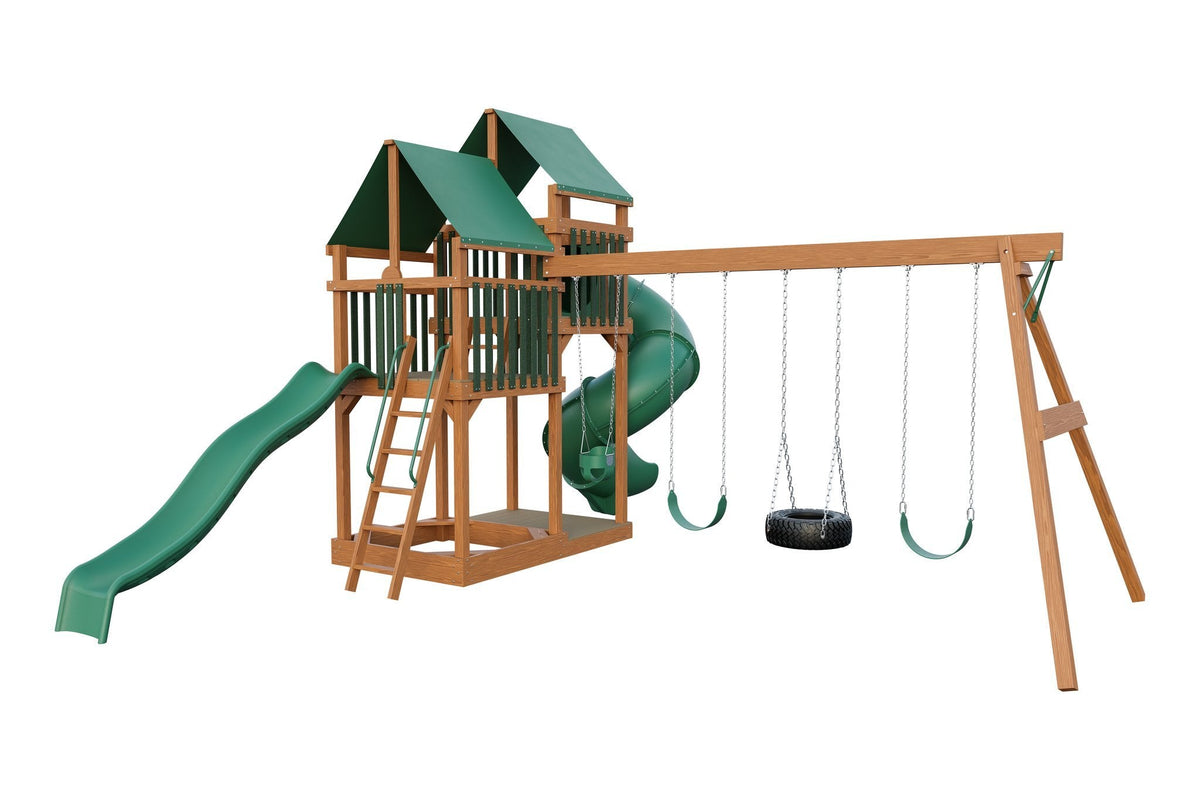 Amish Castle Wooden Swing Set & Playset Kit – Layout 1, Canyon Brown with Green accents