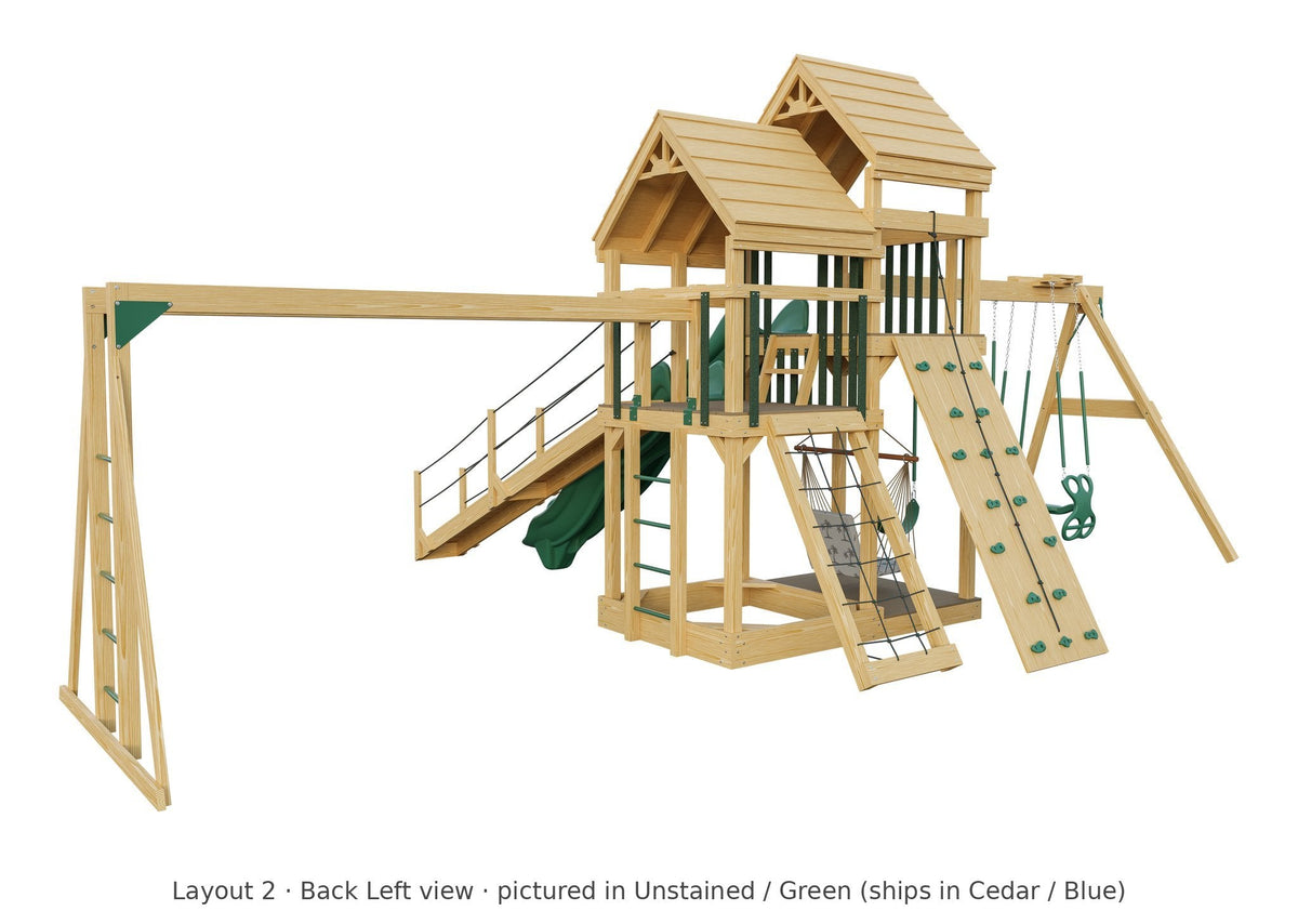 Amish Castle Wooden Swing Set & Playset Kit – Layout 2, back left view (shown in Unstained with Green accents)