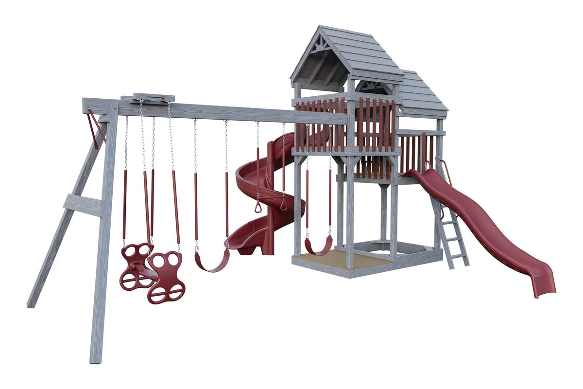 Amish Castle Wooden Swing Set & Playset Kit – Layout 3, Sky Gray with Red accents