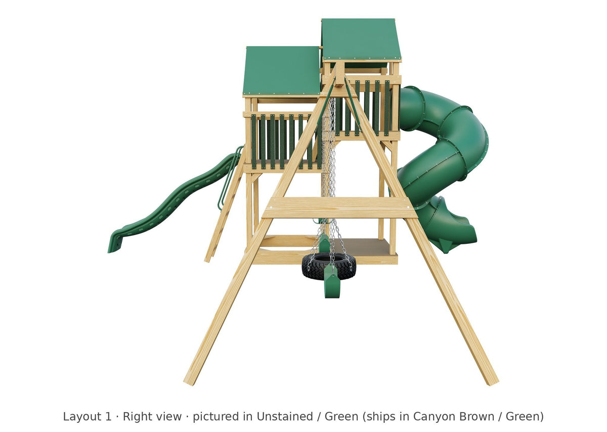 Amish Castle Wooden Swing Set & Playset Kit – Layout 1, right view (shown in Unstained with Green accents)