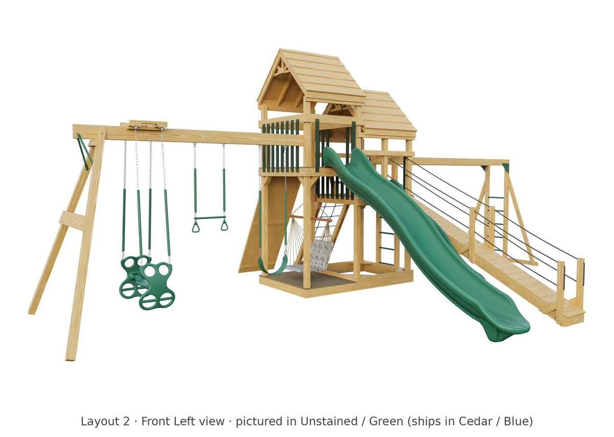 Amish Castle Wooden Swing Set & Playset Kit – Layout 2, front left view (shown in Unstained with Green accents)