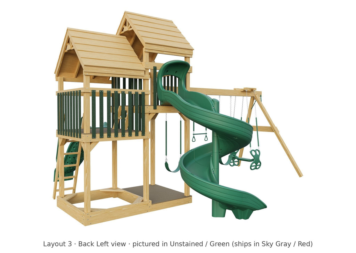 Amish Castle Wooden Swing Set & Playset Kit – Layout 3, back left view (shown in Unstained with Green accents)