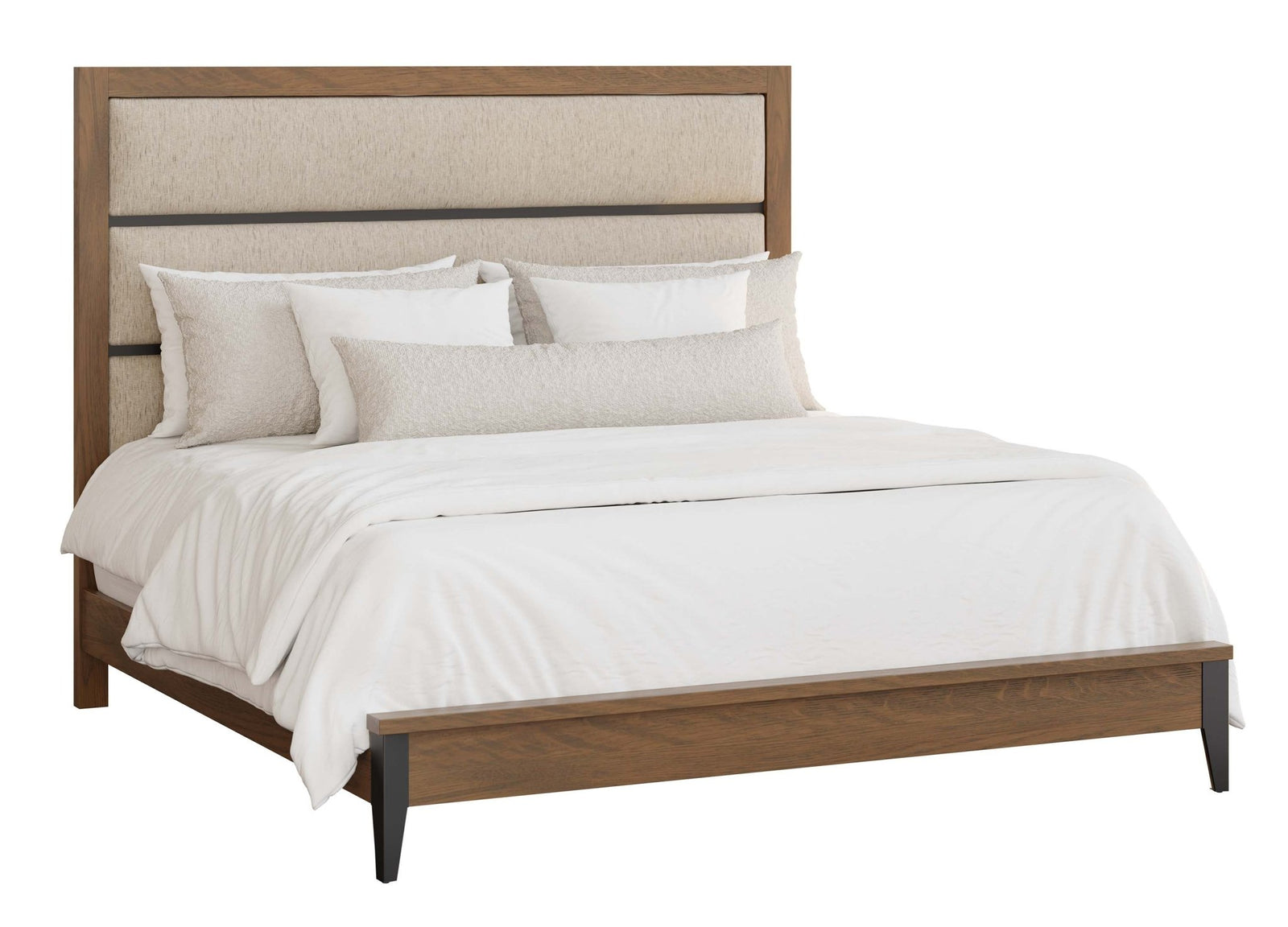 Modern bedroom with a walnut-toned bed, oatmeal upholstered headboard panel, brass-finished legs and matching nightstands