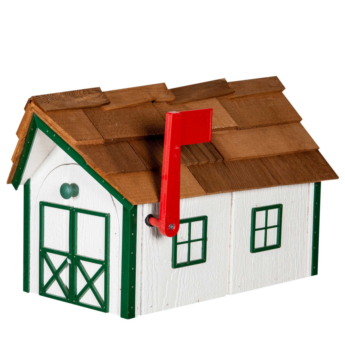 White wood barn mailbox with green trim, arched cross-braced doors, cedar shake roof and red flag