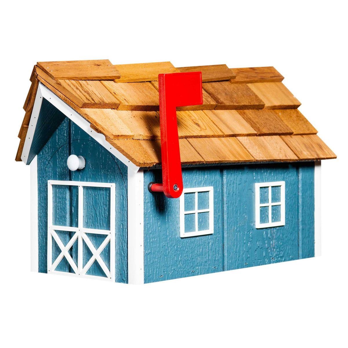 Blue barn-style wooden mailbox with natural cedar shingle roof, white window trim and raised red flag