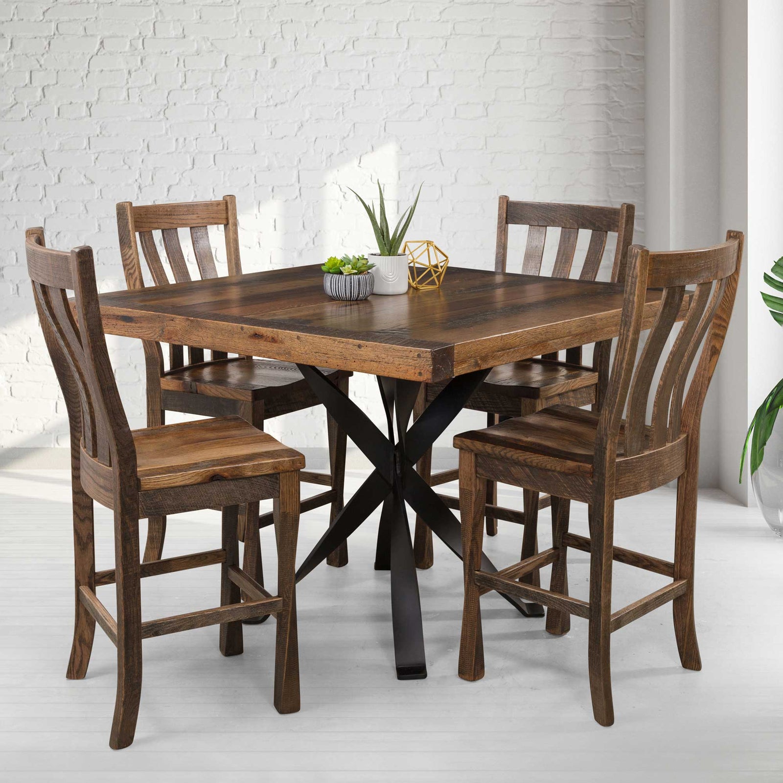 Counter height square table set with reclaimed plank top, black spider base and four wood bar stools with backs