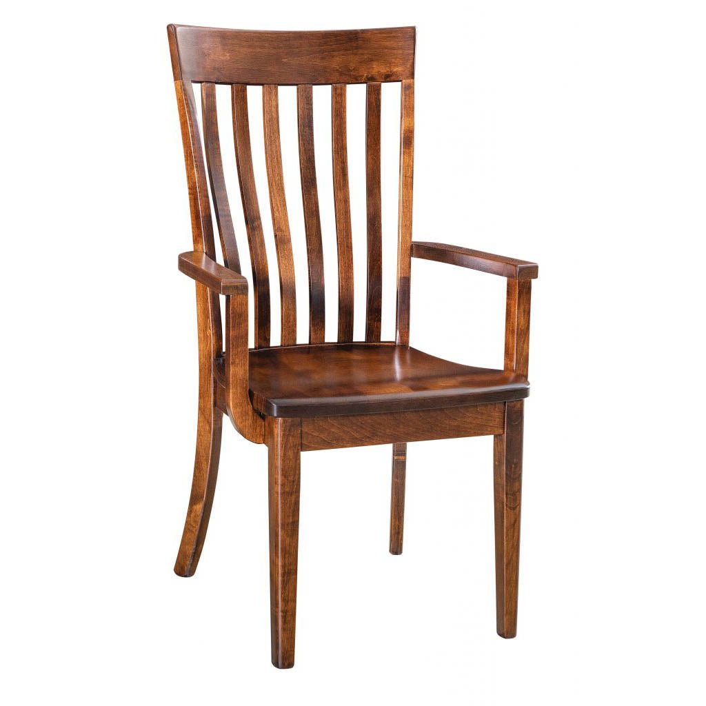 Brown maple dining arm chair with shaped back slats, flat arms, curved crest rail and contoured wood seat