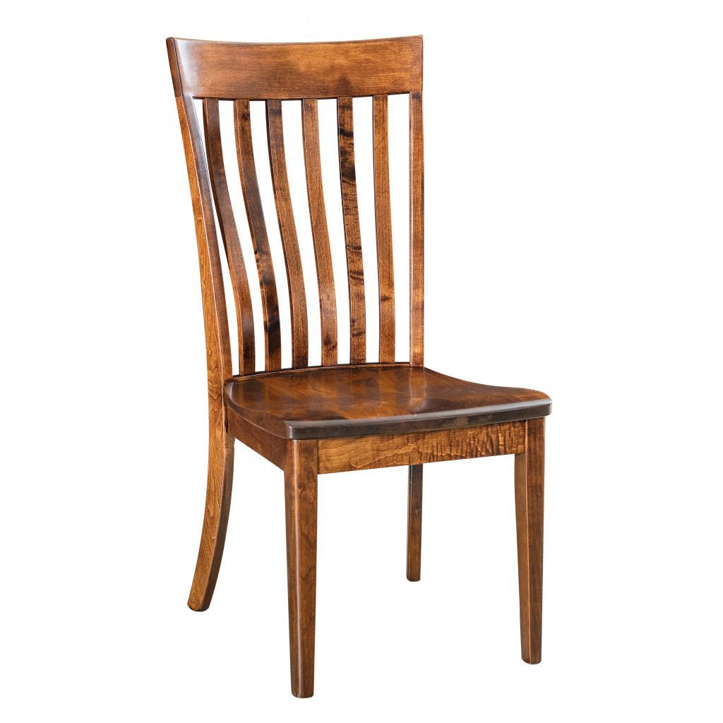 Figured brown maple dining side chair with curved slat back, saddle wood seat and gently flared rear legs