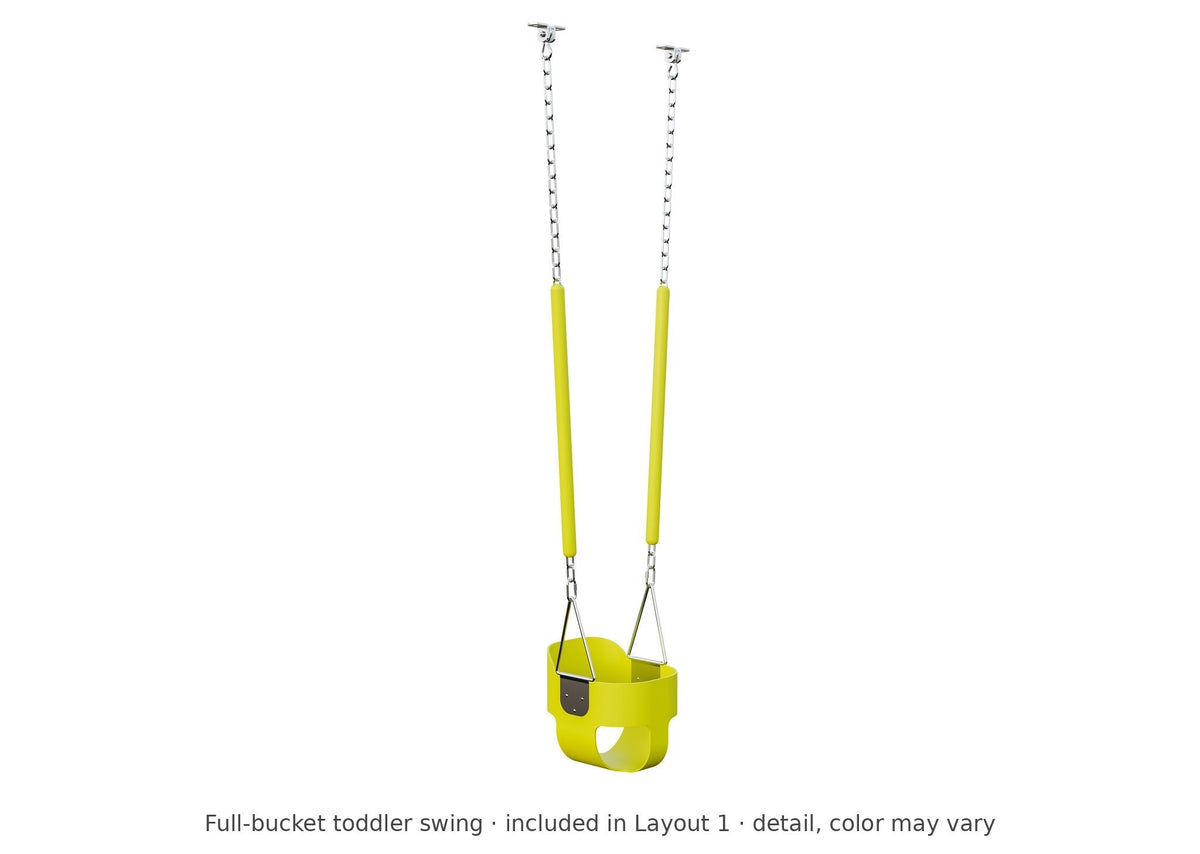 Full-bucket toddler swing detail – included in Layout 1 of the Chapman Vinyl Playset & Swing Set Kit