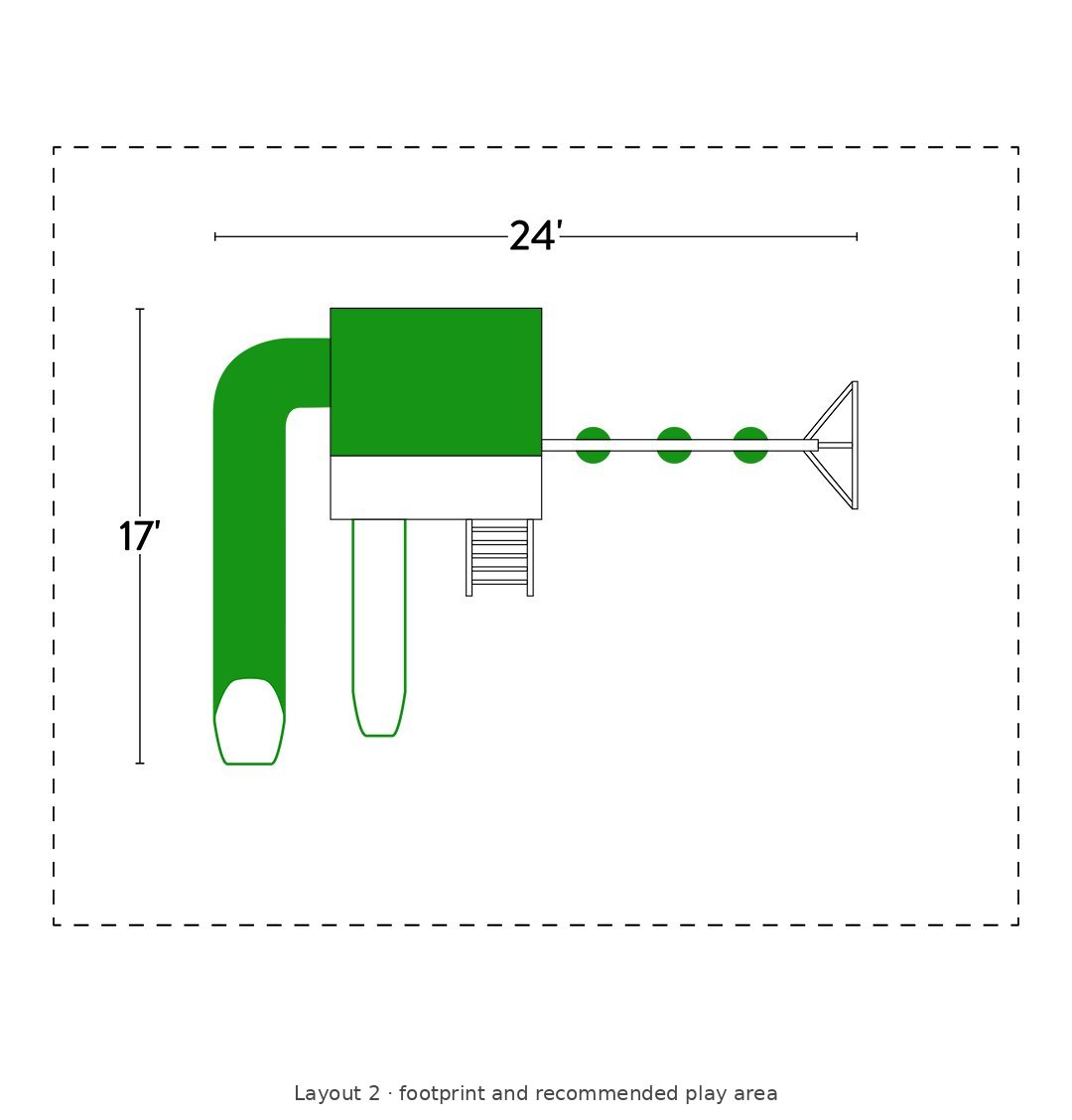 Amish Chapman Vinyl Playset & Swing Set Kit – Layout 2 footprint and recommended play area diagram