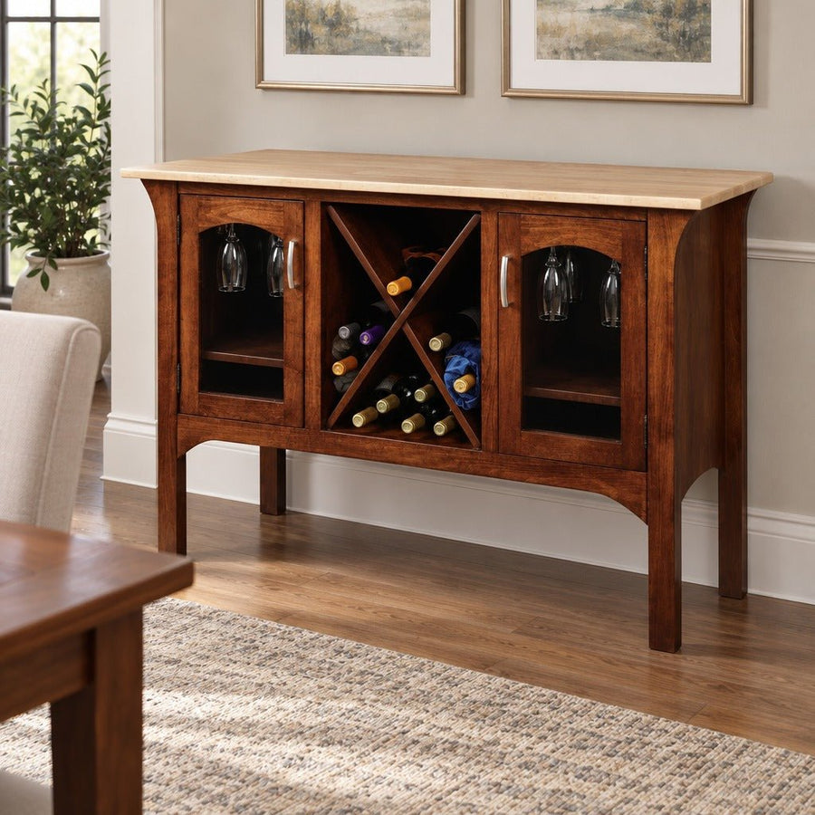 Amish Charm Transitional Solid Wood Wine Server with Goblet Racks