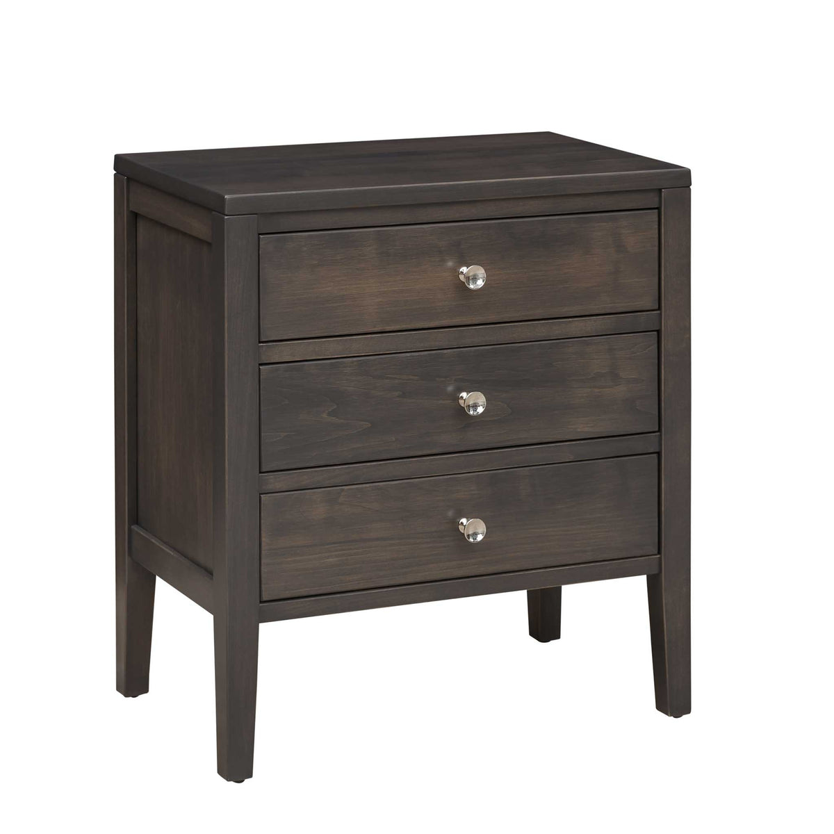 Three drawer nightstand in charcoal gray with clear glass knobs, framed side panels and tapered legs
