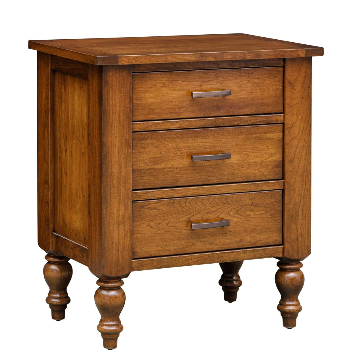 Cherry three drawer nightstand with brushed bronze bar pulls and chunky turned front legs on a white background