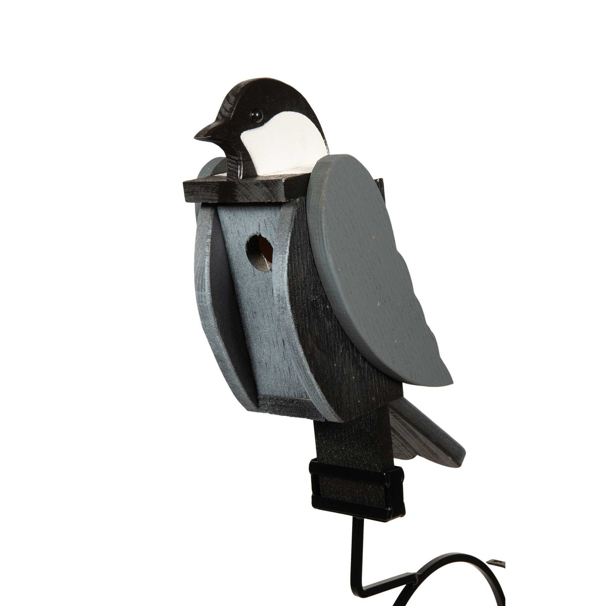 Gray and black chickadee shaped wooden birdhouse with round entry hole on a black mounting bracket