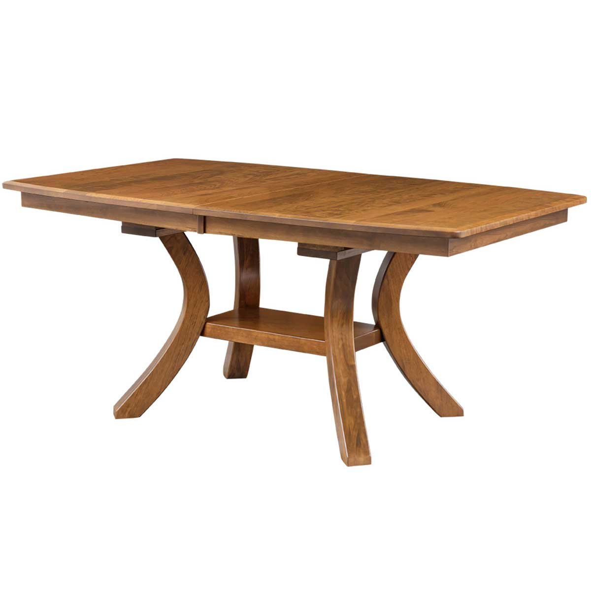 Brown maple expandable pedestal dining table with four curved slat back chairs and a matching corner china cabinet