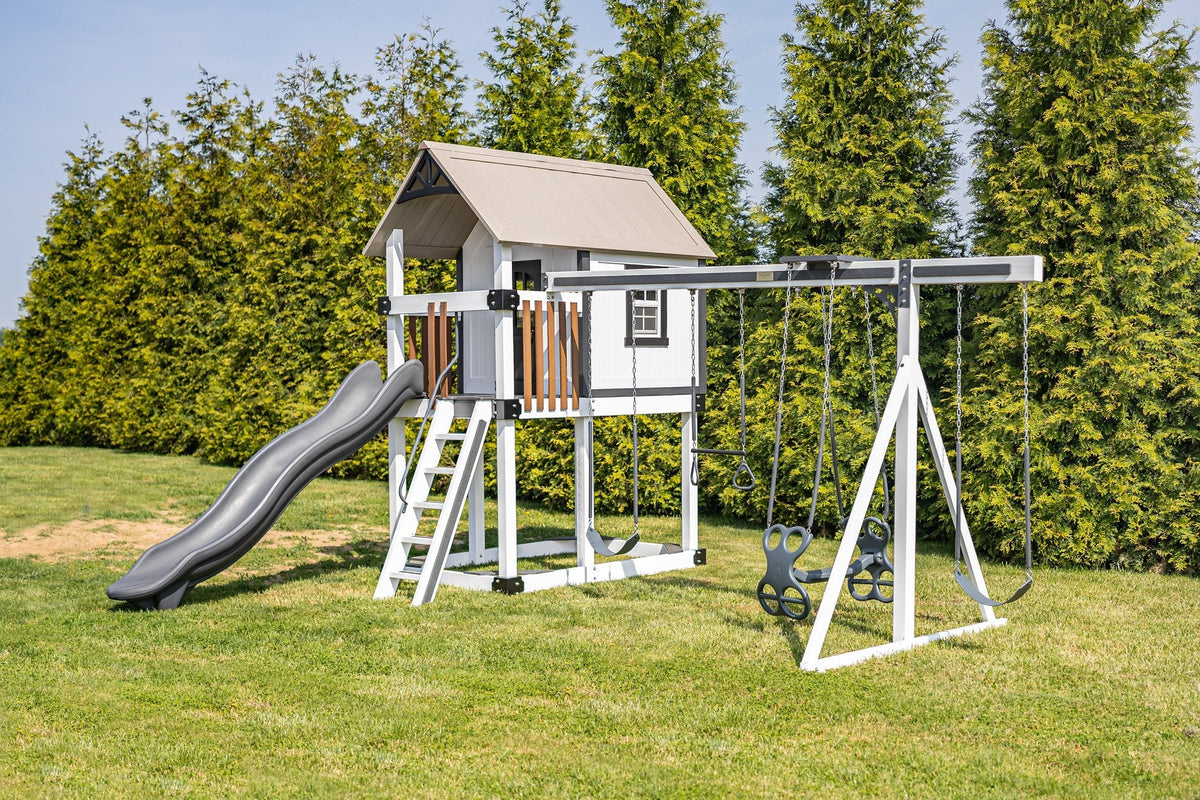 Churchill Vinyl Playset & Swing Set Kit – real-world photo (configuration and colors may differ from the layouts offered)