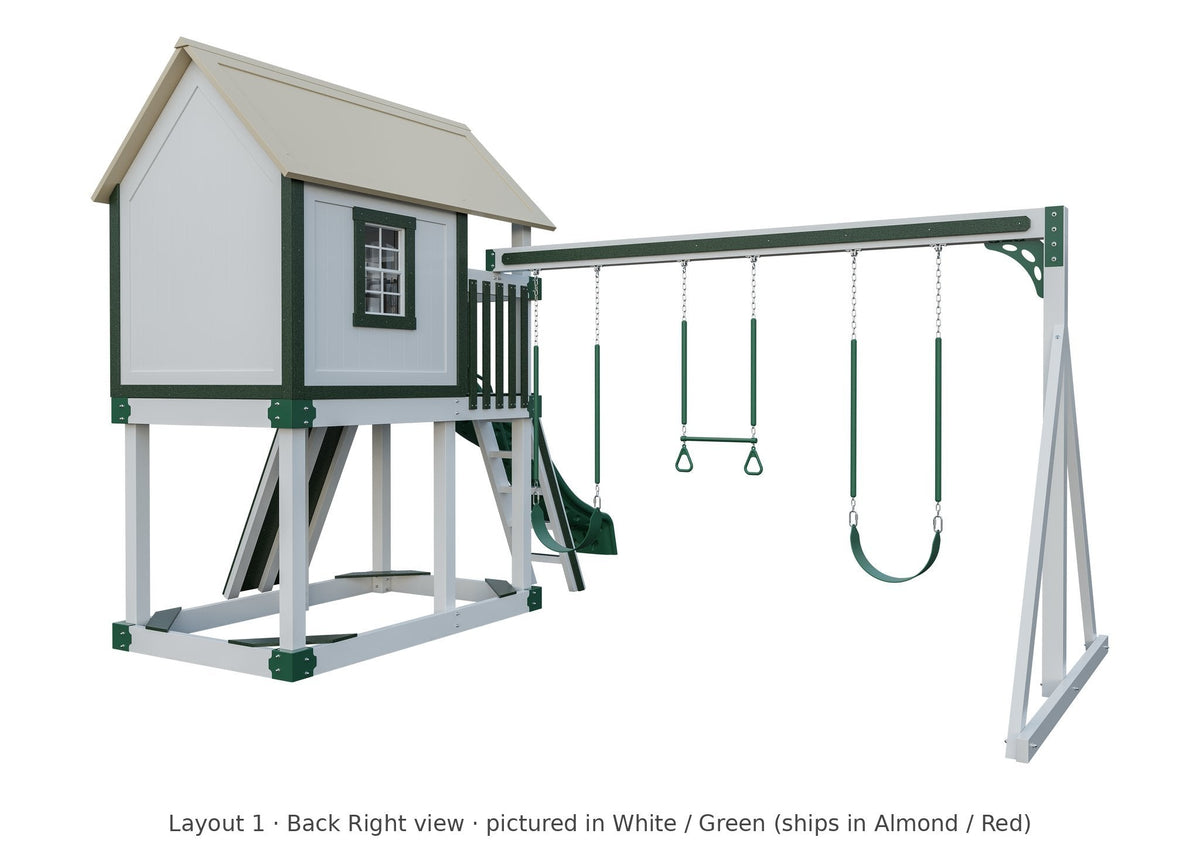 Amish Churchill Vinyl Playset & Swing Set Kit – Layout 1, back right view (shown in White with Green accents)