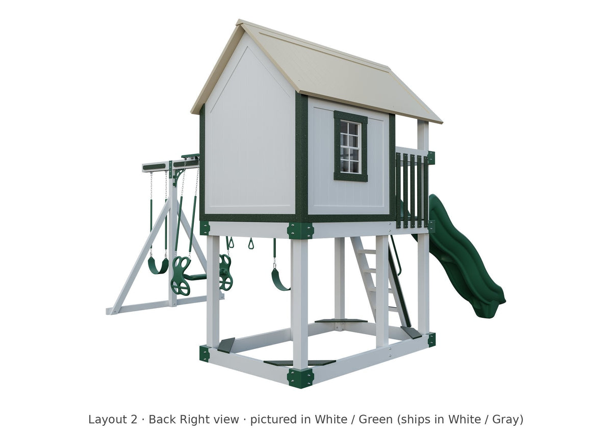 Amish Churchill Vinyl Playset & Swing Set Kit – Layout 2, back right view (shown in White with Green accents)