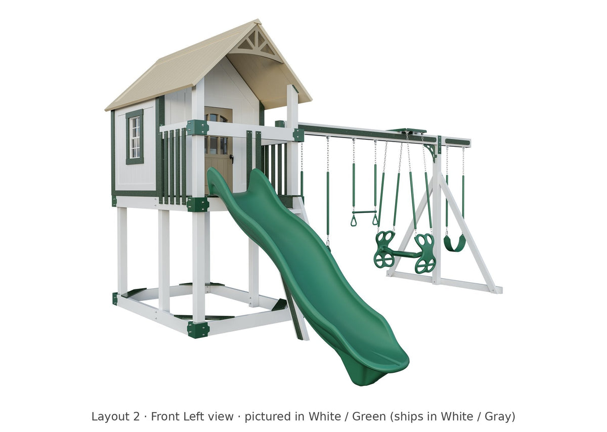 Amish Churchill Vinyl Playset & Swing Set Kit – Layout 2, front left view (shown in White with Green accents)