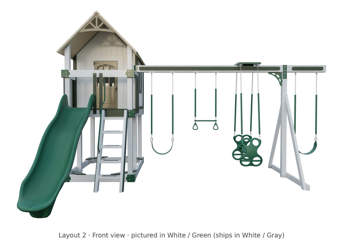 Amish Churchill Vinyl Playset & Swing Set Kit – Layout 2, front view (shown in White with Green accents)