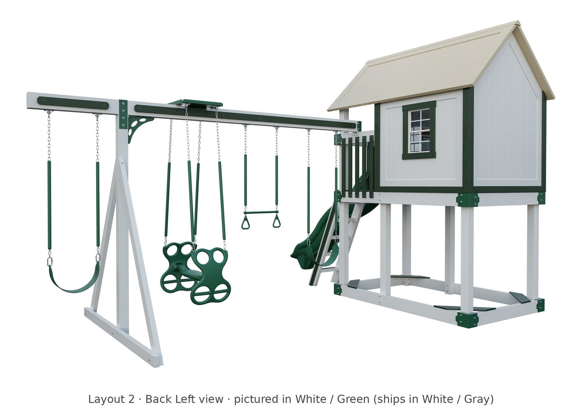 Amish Churchill Vinyl Playset & Swing Set Kit – Layout 2, back left view (shown in White with Green accents)