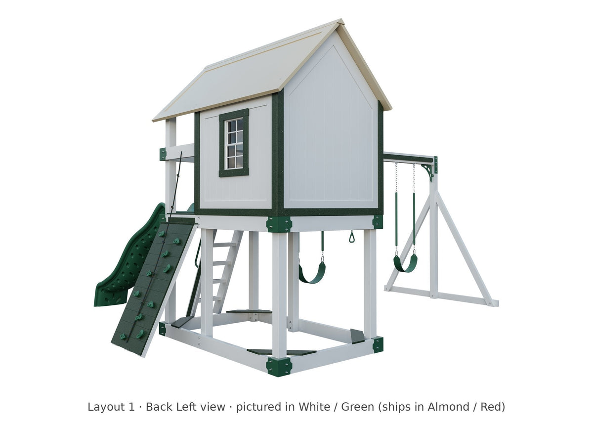 Amish Churchill Vinyl Playset & Swing Set Kit – Layout 1, back left view (shown in White with Green accents)