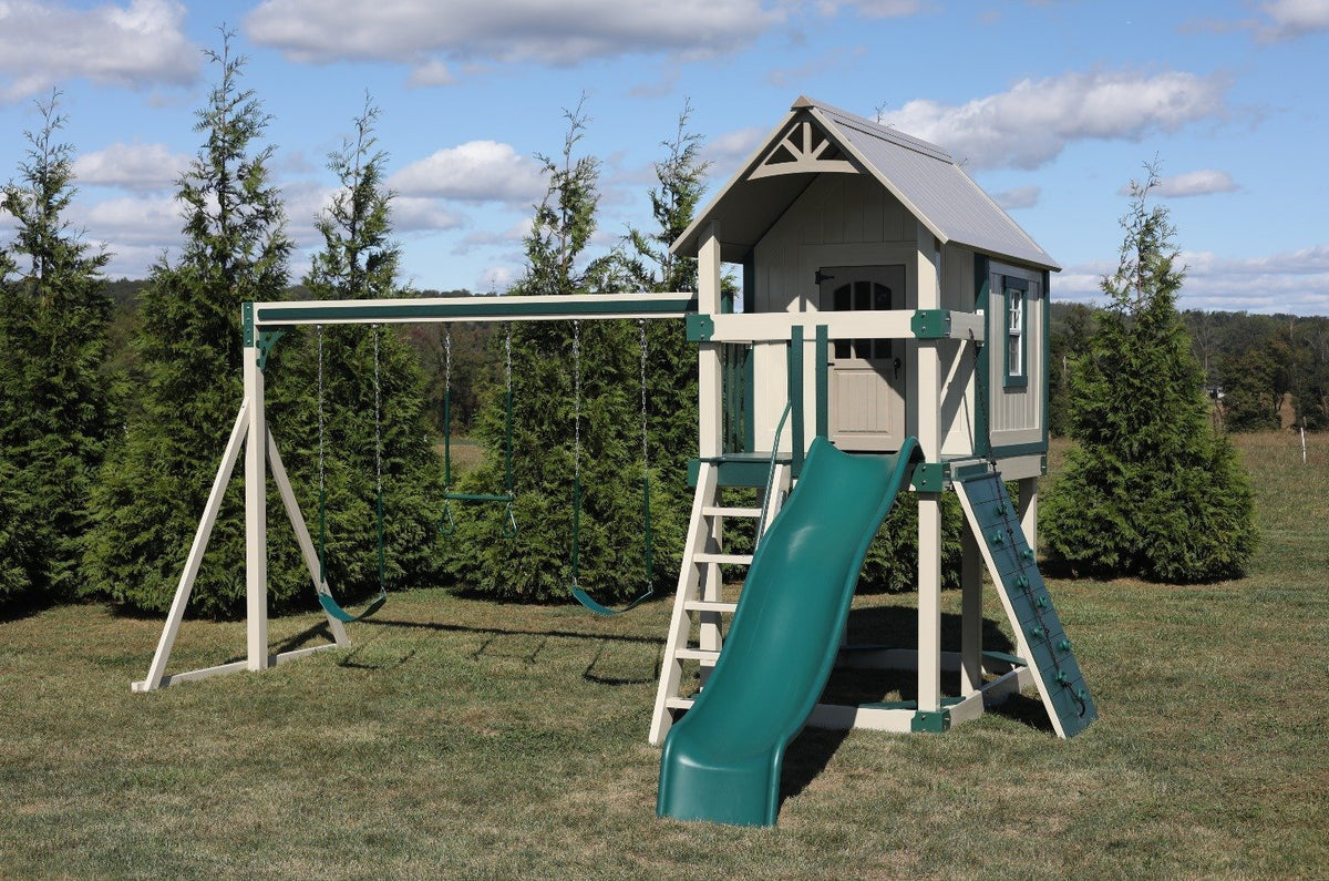 Churchill Vinyl Playset & Swing Set Kit – real-world photo (configuration and colors may differ from the layouts offered)