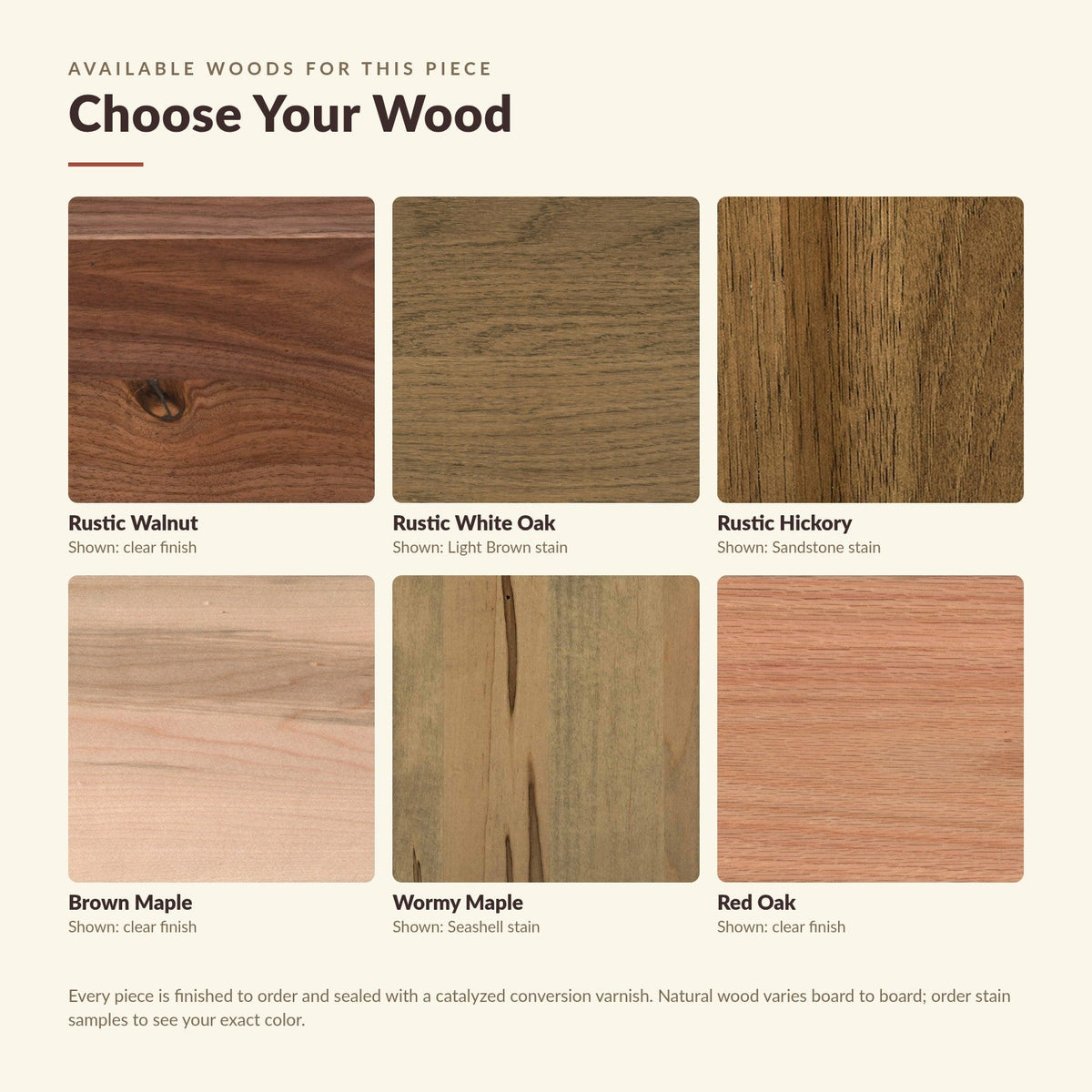 Available wood species close-up: rustic walnut, rustic white oak, rustic hickory, brown maple, wormy maple, red oak