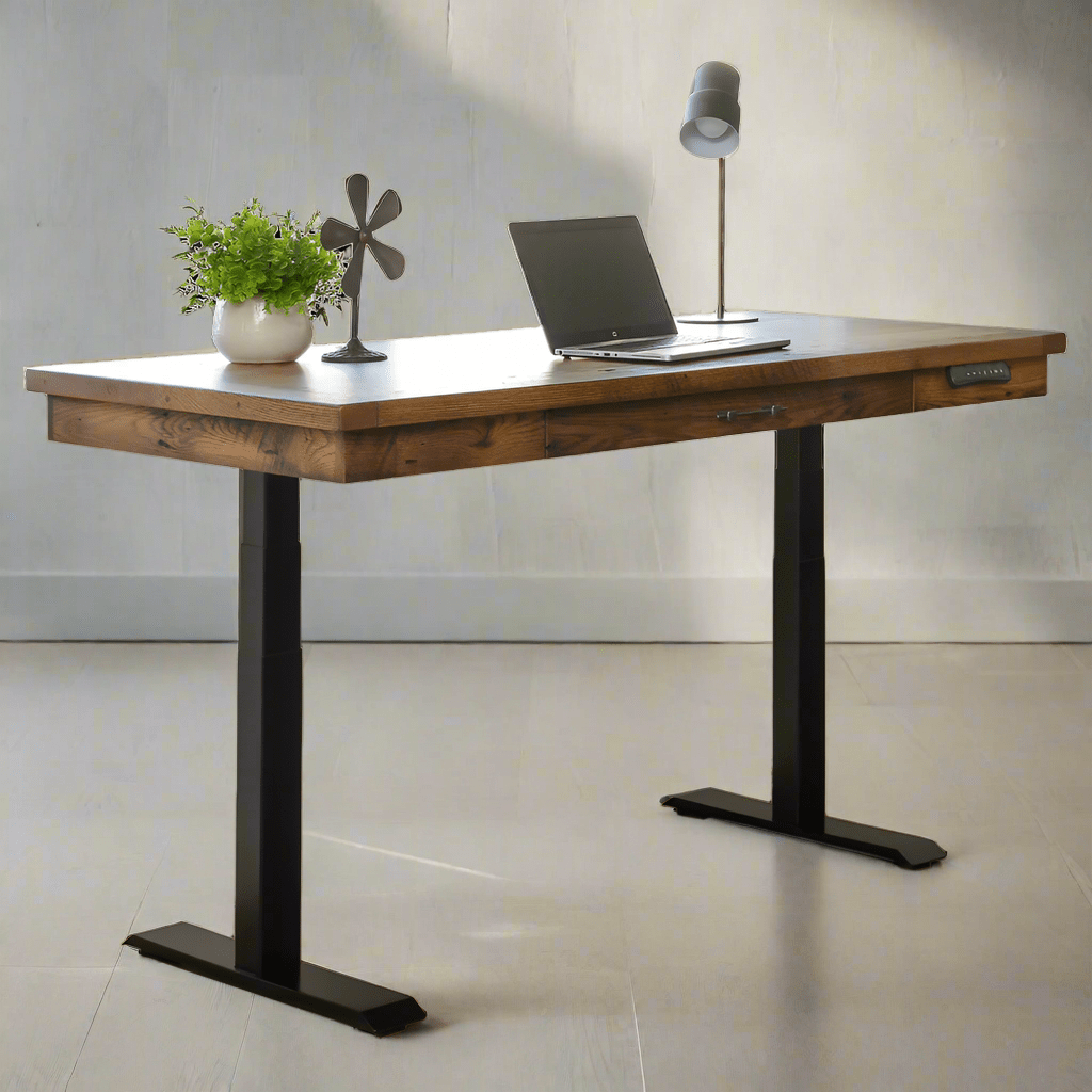 Reclaimed barnwood standing desk with a plank top, single drawer and black electric lift legs in a plain room