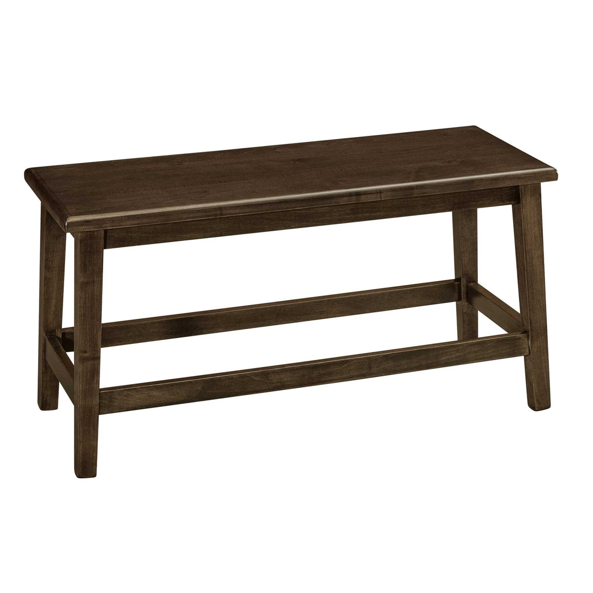 Counter height 24 inch wood bench in dark brown with straight tapered legs and long stretcher supports
