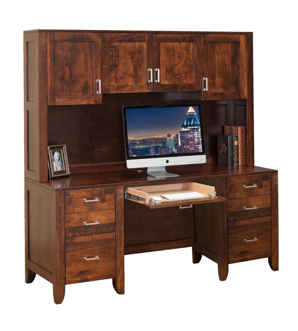 Cherry computer desk with a four door hutch, open monitor bay, pull-out keyboard tray and two three drawer pedestals