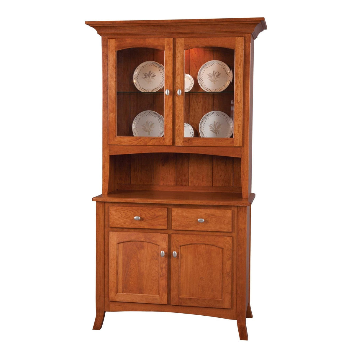 Cherry two-door dining hutch with lighted glass upper doors, glass shelf, open server area and paneled base cabinet